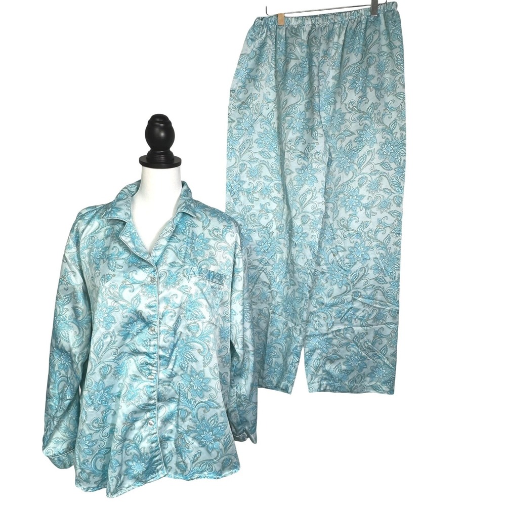 MISS ELAINE Women's Large Vintage Blue White‎ Floral Silky Pajama Set Top Pants